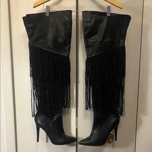 Michael Antonio Black Fringe Heeled Boots